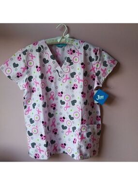 SCRUB Top Nurse Uniform Medical School Scrubs Dental Attire Pink Cancer Ribbons